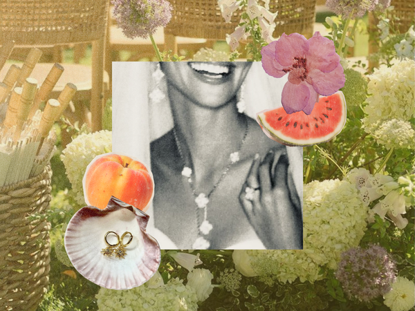 Summer wedding collage with a smiling bride, peach, watermelon, pressed flower, and gold earrings over white hydrangeas