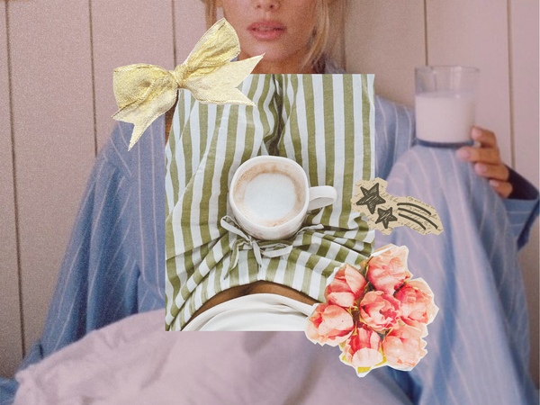 Cozy homebody collage with a latte on striped pajamas, a gold bow, and pink peonies