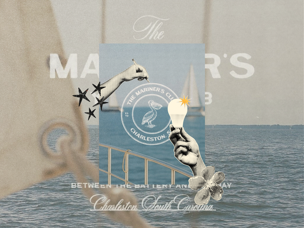 Collage of a pelican badge logo for The Mariner’s Club, Charleston, with cutout hands holding a pencil and a glowing lightbulb