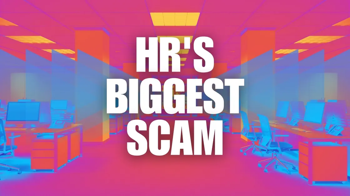 A neon-colored, futuristic office with empty desks and chairs. Bold white text in the center reads "HR'S BIGGEST SCAM," highlighting a major workplace fraud story.