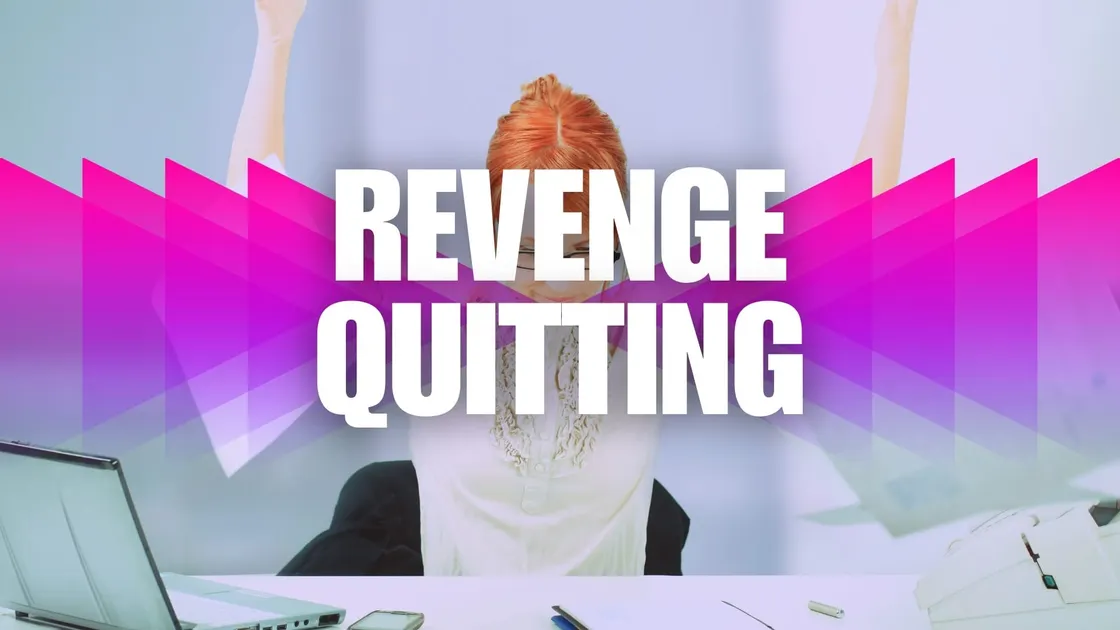 Woman in office throwing arms up in frustration, symbolizing workplace burnout and the rise of revenge quitting in 2025.