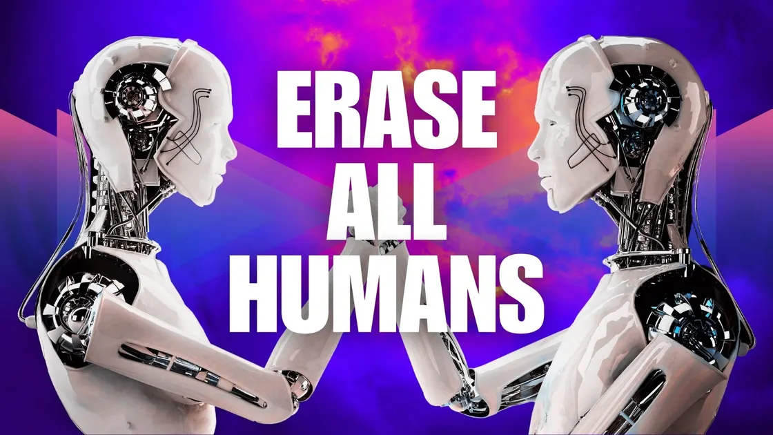 Two humanoid robots facing each other, hands touching, with bold text “Erase All Humans” over a vivid purple background.