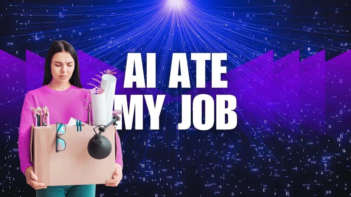 Woman holding a box of office supplies looking upset, with digital binary code in the background and bold text reading “AI ATE MY JOB.