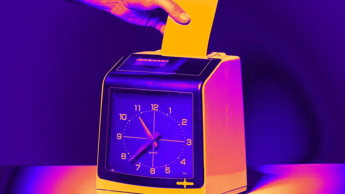 Neon-tinted graphic of a hand pushing a yellow time card into a vintage punch clock, overlaid with the words “Clock Punch Capitalism,” symbolizing rigid corporate time rules.