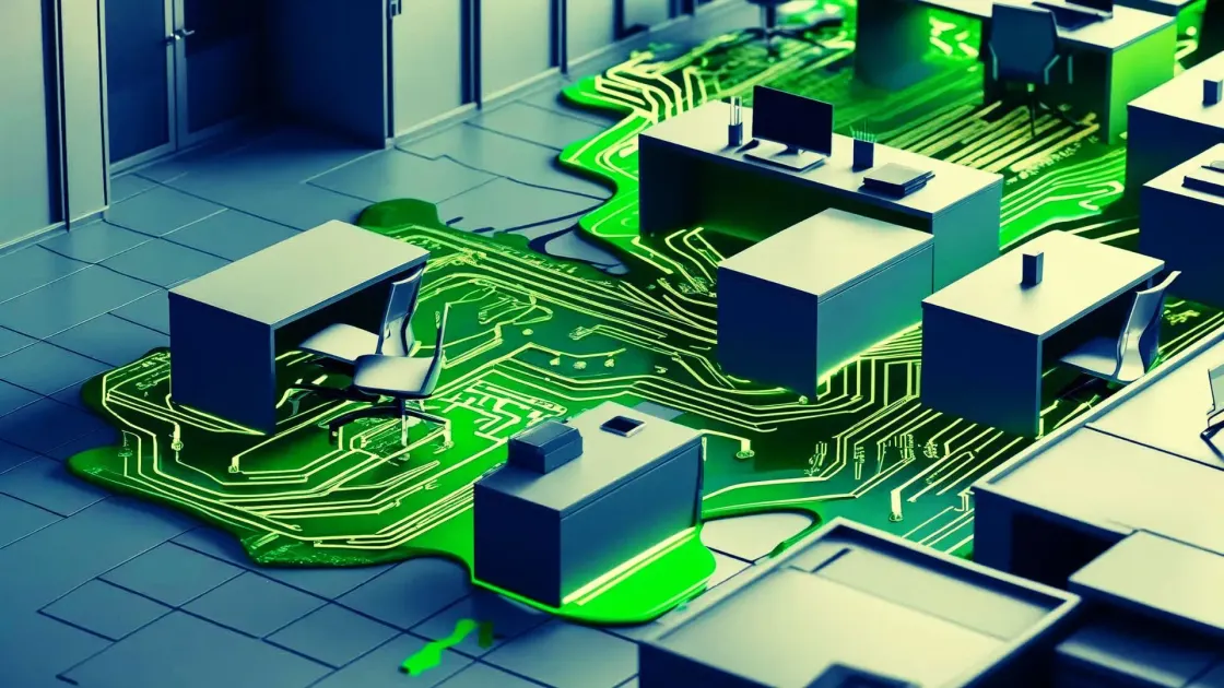 Isometric illustration of office desks and cubicles merging into a vivid green circuit board, overlaid with the bold white headline “Algorithms at the Gates.