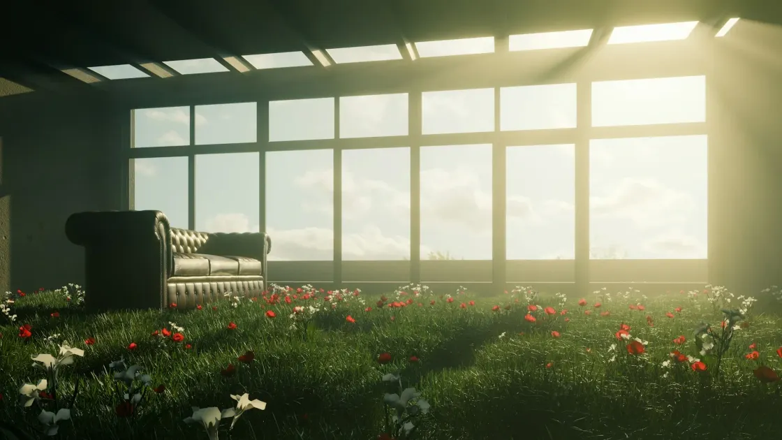 Wildflowers growing inside a structured glass-walled room with a leather sofa, representing global employer brand activation and the balance of EVP consistency with local freedom.