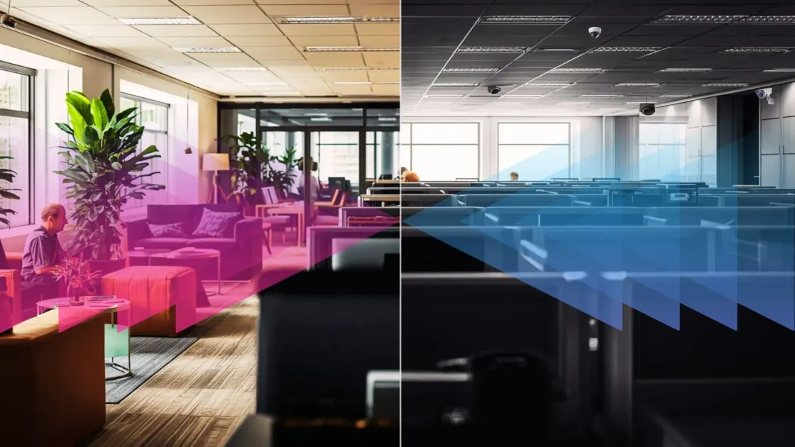 Split screen: welcoming lounge with worker vs grey cubicles with cameras; agency vs surveillance.