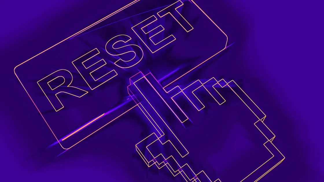 Neon-style graphic of a cursor clicking a glowing “RESET” button on a purple background, symbolizing corporate culture resets and organizational change.