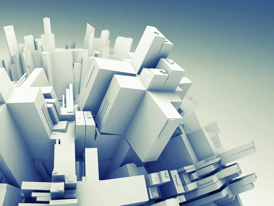 Abstract 3D city of white block structures forming a globe against a blue gradient sky, representing technology reshaping global work.