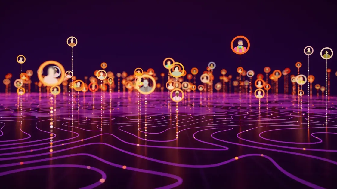 Stylised digital landscape with glowing lines and floating profile icons connected by light trails, symbolising a networked workplace culture.