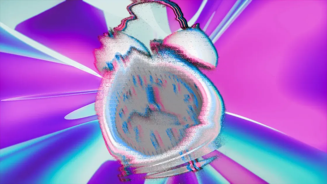 Neon pink, purple and blue abstract background with a warped glitch alarm clock.