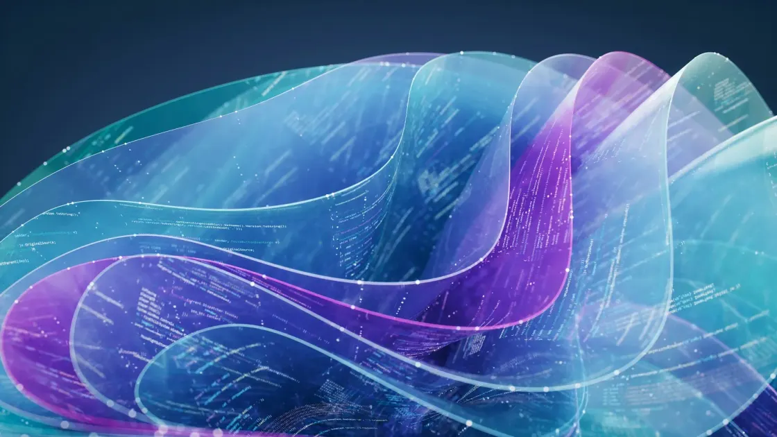 Abstract visualisation of layered data streams with embedded code, representing AI processing of employer brand signals in machine-learned recruitment systems.