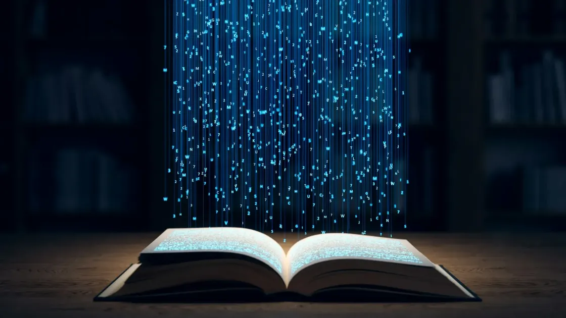 Open book in a darkened library with glowing letters and numbers rising from the pages, representing the foundational academic and practitioner literature behind employer branding strategy.