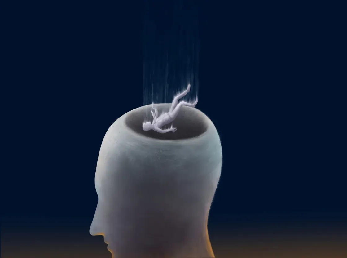 A surreal illustration of a hollow human head with a small figure falling into the opening, suggesting silence, fear, and the collapse of honest conversation at work.