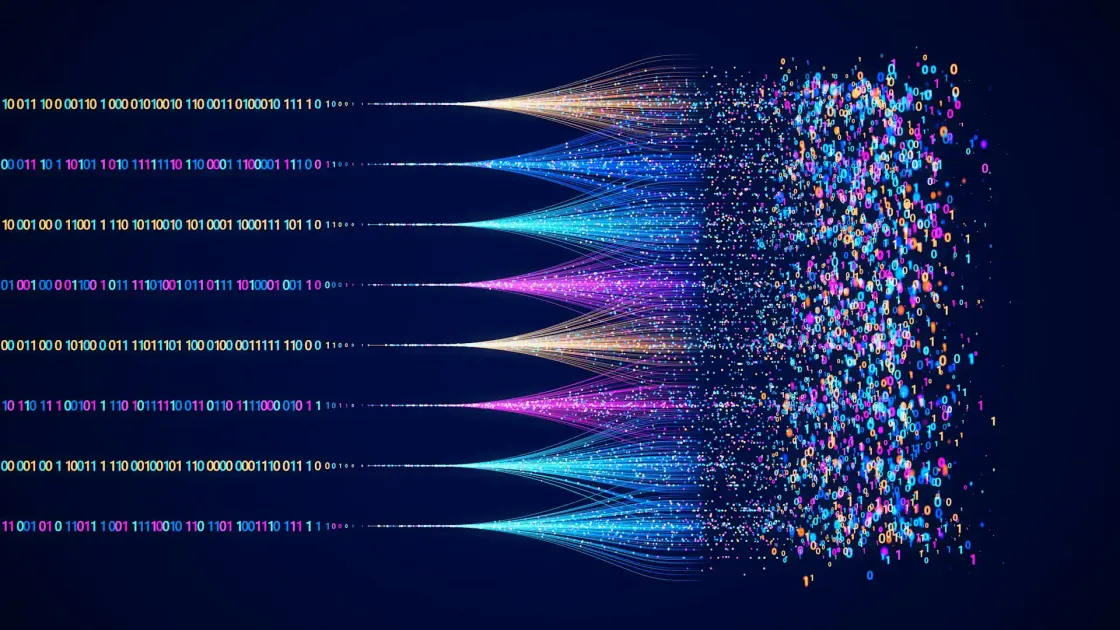 Binary data streams converging and fragmenting, representing AI synthesis of employer information.