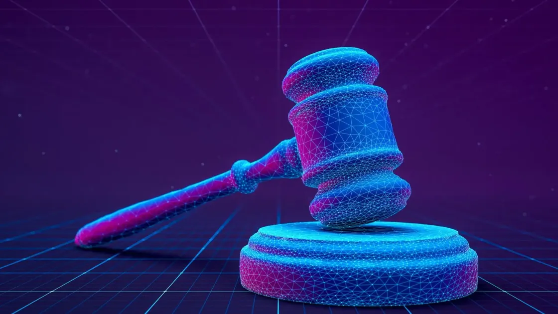 A judge's gavel rendered as a glowing blue and magenta digital wireframe, mid-strike against its sound block on a dark grid floor, symbolising an algorithm facing judgment in court.