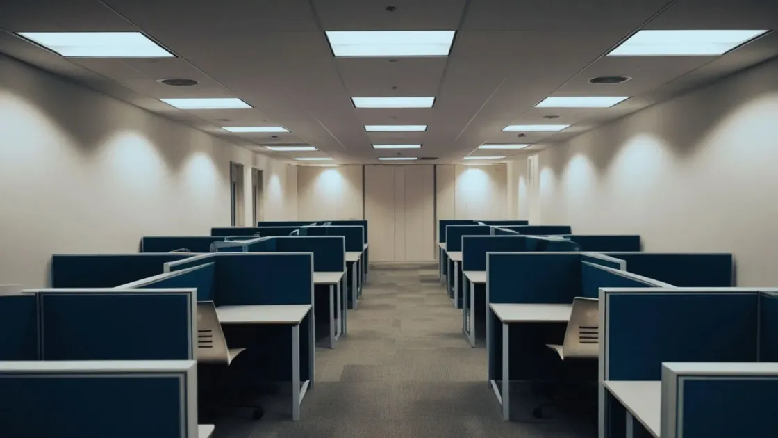 Rows of empty office cubicles under fluorescent light, illustrating this week's Paper Cut on layoffs being blamed on AI that didn't actually cause them.