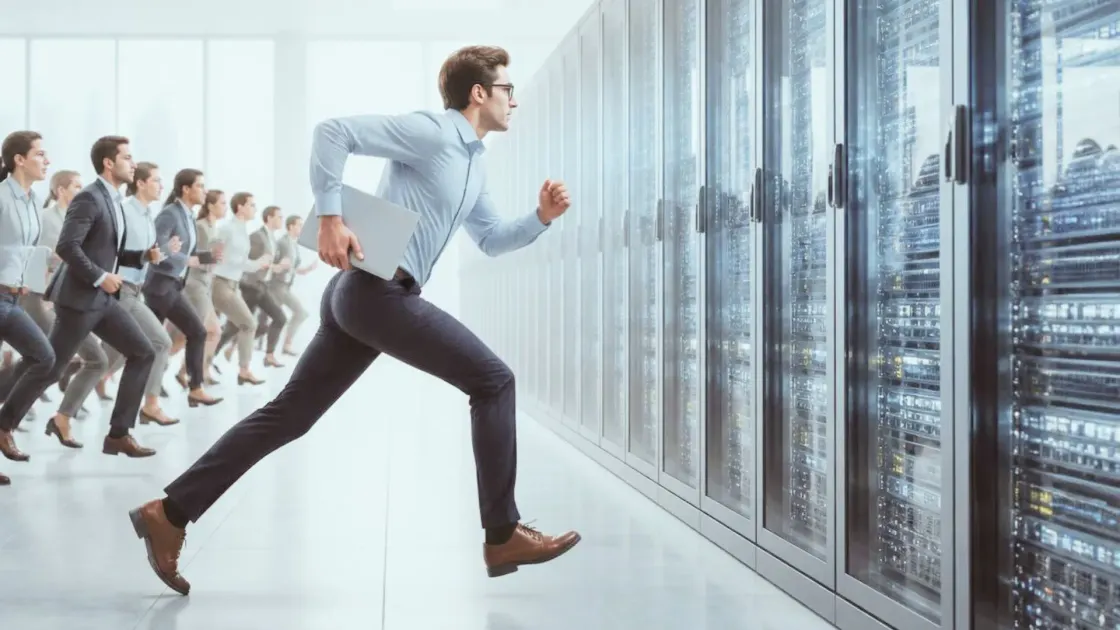 A worker sprints past colleagues toward server racks, illustrating this week's Paper Cut on AI replacing jobs.
