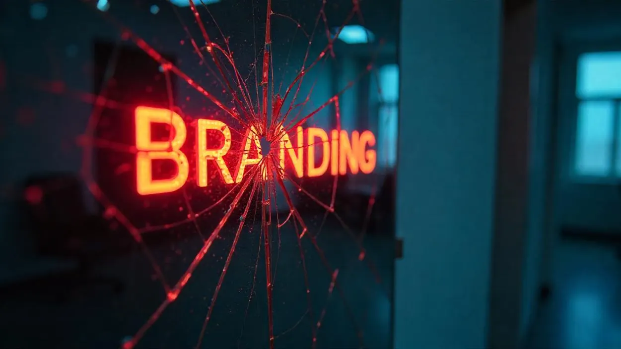 A shattered glass panel with the word "BRANDING" glowing in red neon, symbolizing the broken illusion of employer branding.