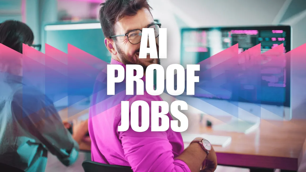 Smiling worker in bright pink shirt at a computer, overlaid with bold text "AI Proof Jobs" and vibrant gradient graphics.