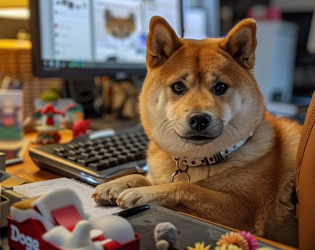 The DOGE shiba inu dog looking serious at it's desk planning the DOCE action plan
