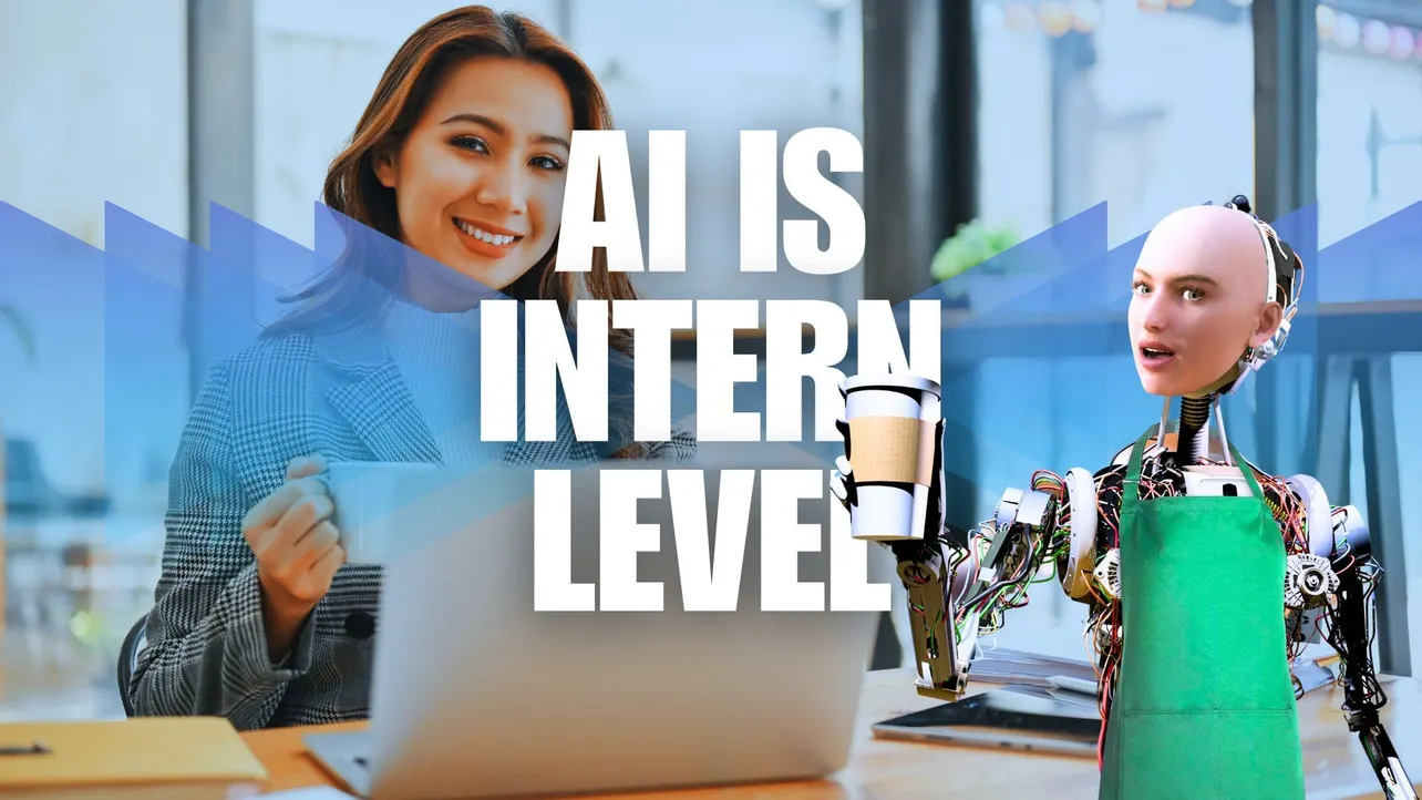 Woman smiles with coffee as humanoid robot in green apron serves drink; bold text reads AI IS INTERN LEVEL.