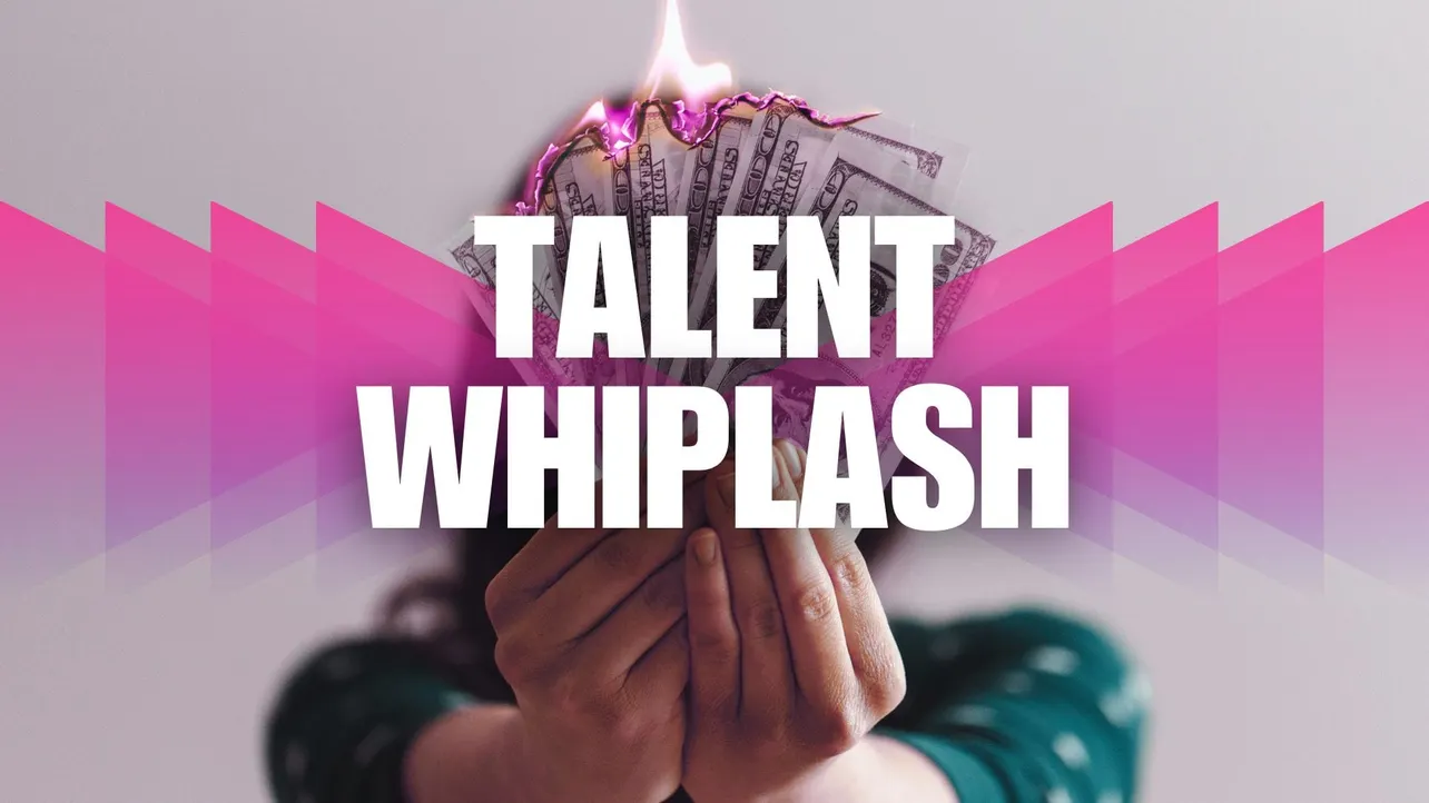Hands holding a fanned stack of dollar bills with a purple flame, overlaid by bold white title “TALENT WHIPLASH”