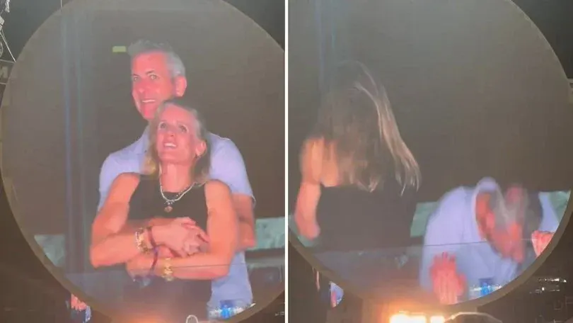 Side by side stills: CEO hugs HR exec during Coldplay kiss cam then ducks away as she turns, arena big-screen view.
