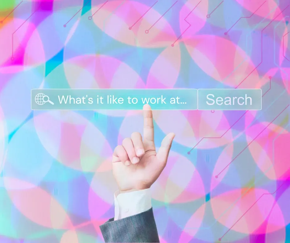 A suited hand, index finger raised to tap a glowing “Search” button, hovers over a query that reads “What’s it like to work at…” on a neon-coloured, circuit-patterned backdrop.
