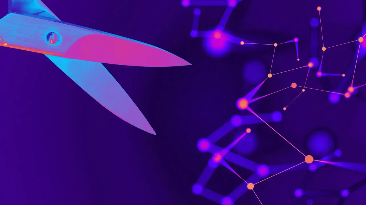 Close-up of scissors poised to slice a glowing network of nodes on a purple background, representing AI-driven job cuts and the fragile ties inside organizations.