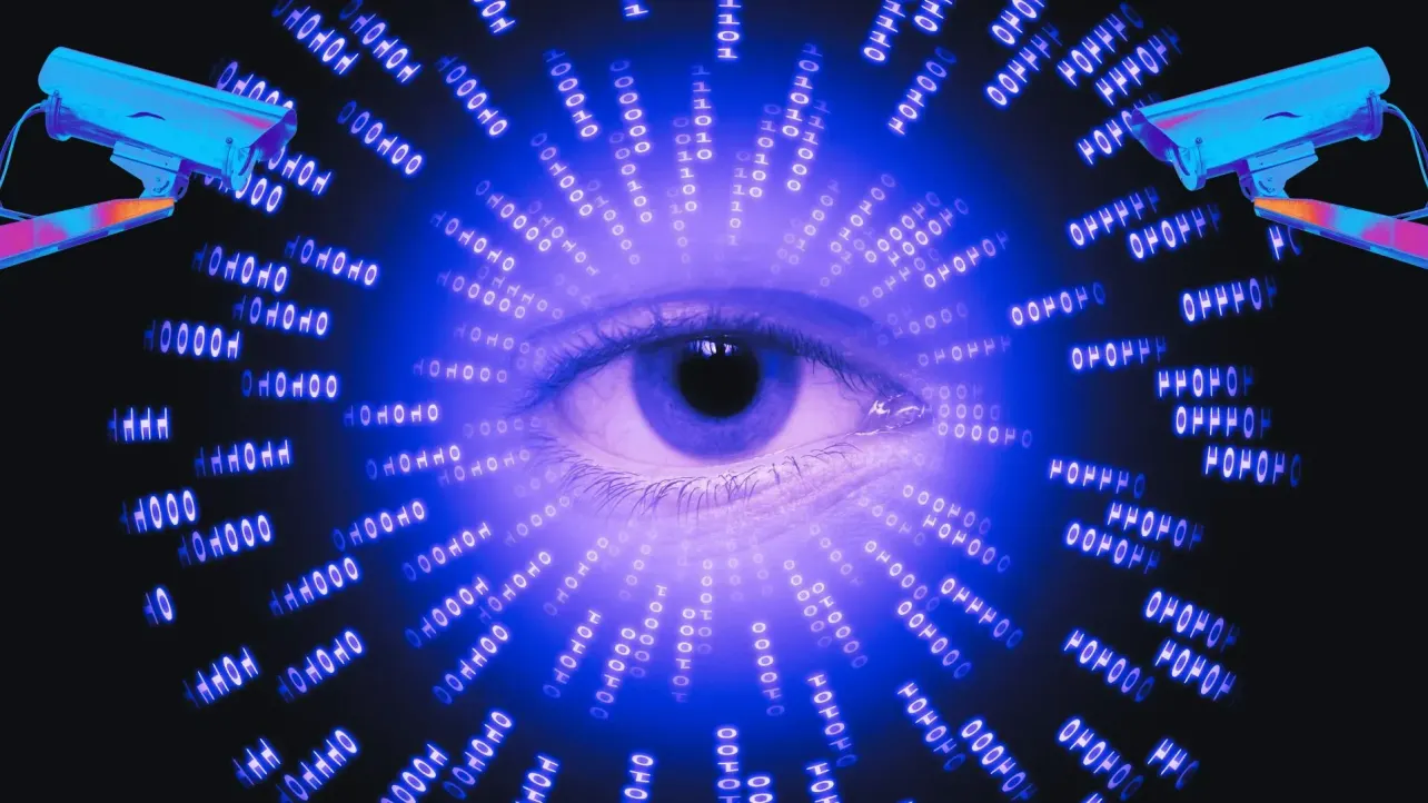 Neon blue human eye surrounded by radiating binary digits, flanked by two security cameras, illustrating workplace surveillance contrasted with human skill.