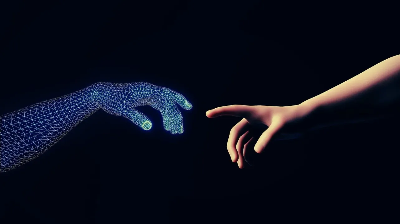 Human hand and wireframe AI hand with fingertips almost touching on black, evoking Creation of Adam and the choice between cuts and redesign.