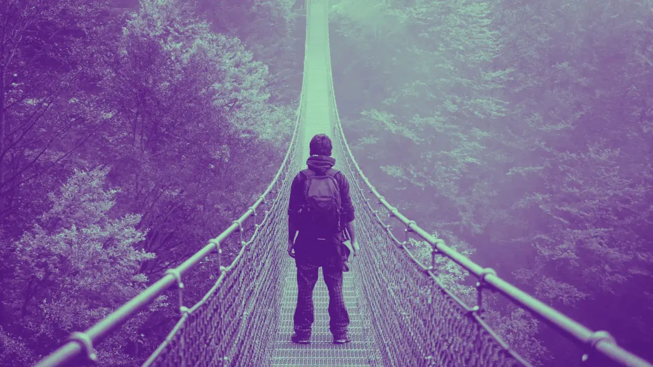 Person with a backpack standing on a long suspension bridge that disappears into a foggy forest, tinted purple.