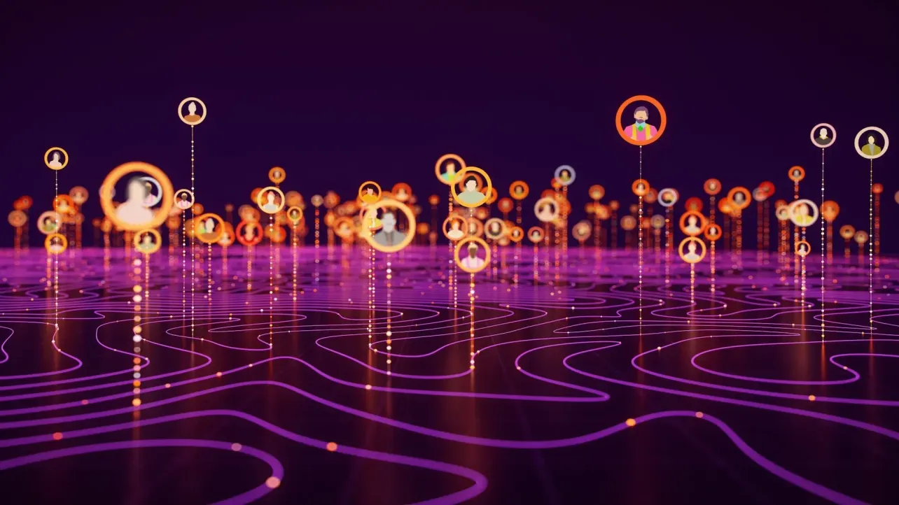 Stylised digital landscape with glowing lines and floating profile icons connected by light trails, symbolising a networked workplace culture.
