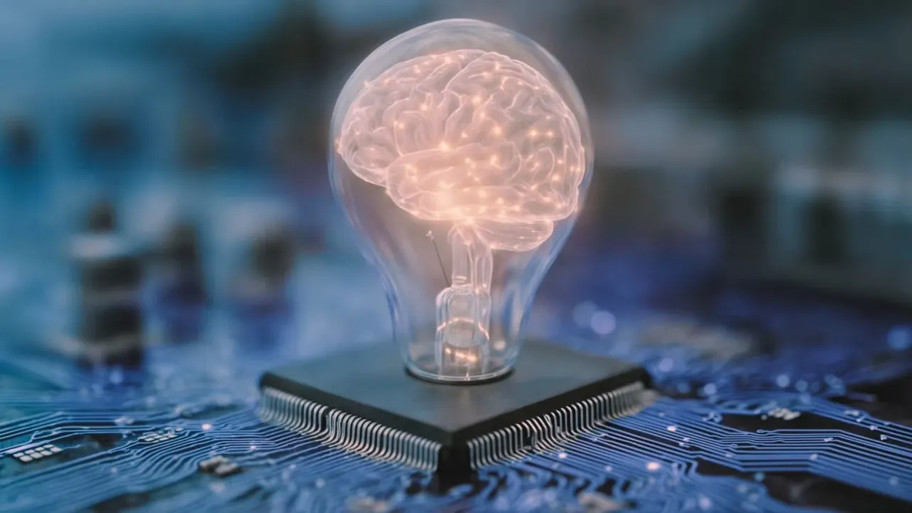 A glowing brain inside a lightbulb sits on top of a computer chip on a circuit board, suggesting AI and workplace technology.