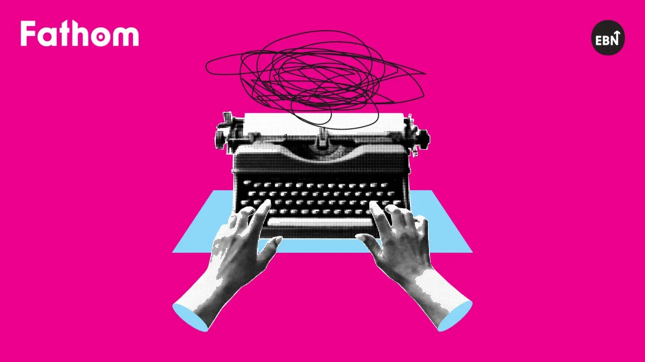 Hands typing on a vintage typewriter with a tangle of chaotic scribble lines rising from the page, on a bold pink background — illustrating the confusion of a poorly written brief.