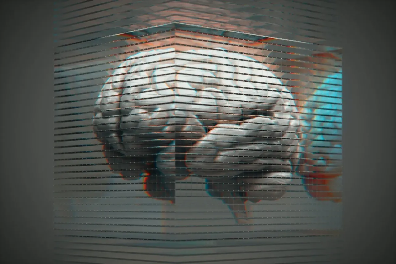 3D illustration of a human brain inside a sliced glass cube, suggesting how screens and AI are reshaping human cognition.