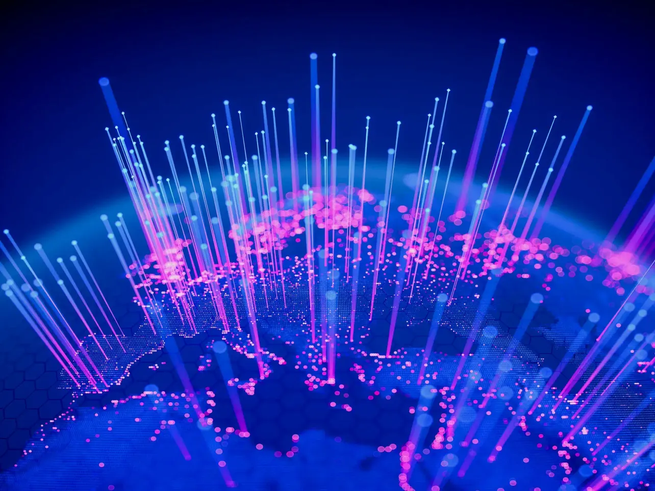 Digital globe with radiating data points in pink and blue, representing the global spread of HR events and their impact on employer brand reputation in 2026.