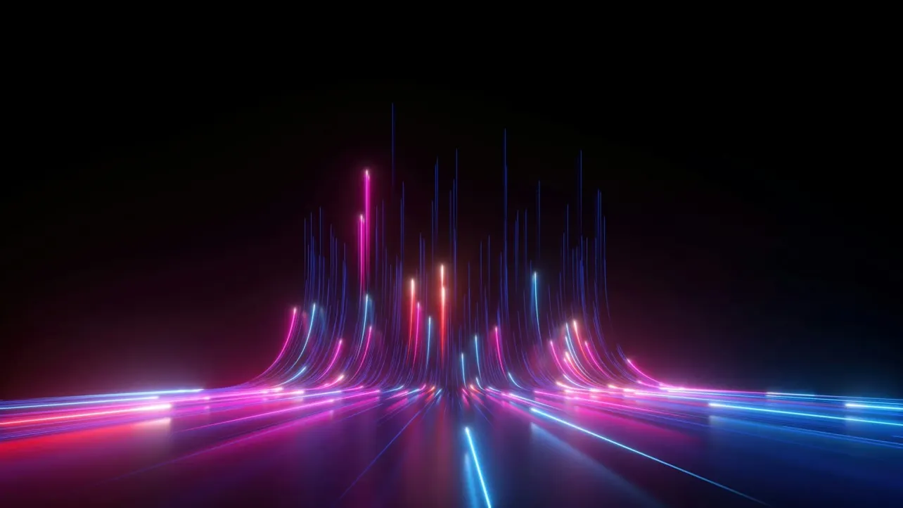 Neon light trails in pink and blue rising from a dark reflective surface, representing the upward trajectory of employer brand impact when the right metrics are tracked over time.