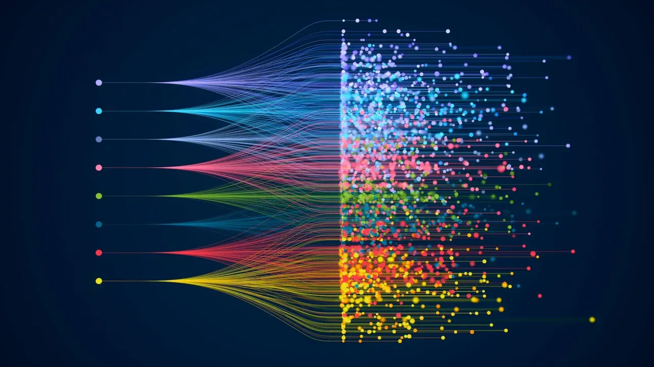Multicoloured data streams dispersing into individual nodes across a dark blue background, representing one employer brand story distributed across multiple channels.
