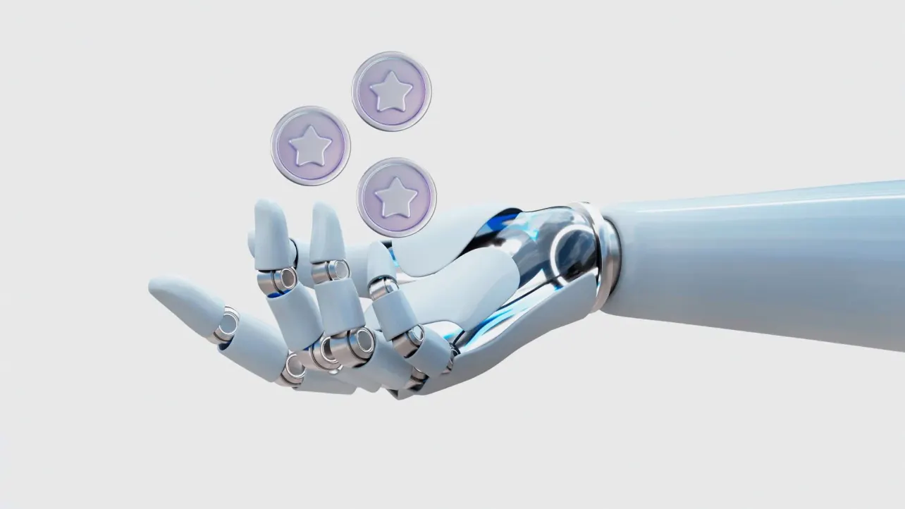 A robotic hand holding three floating star icons on a clean white background, suggesting AI, ratings, and automated performance scoring.