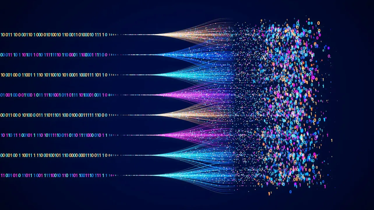 Binary data streams converging and fragmenting, representing AI synthesis of employer information.