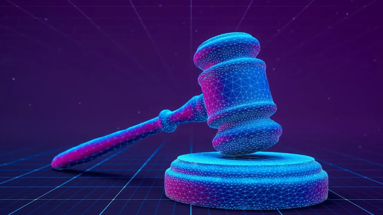 A judge's gavel rendered as a glowing blue and magenta digital wireframe, mid-strike against its sound block on a dark grid floor, symbolising an algorithm facing judgment in court.