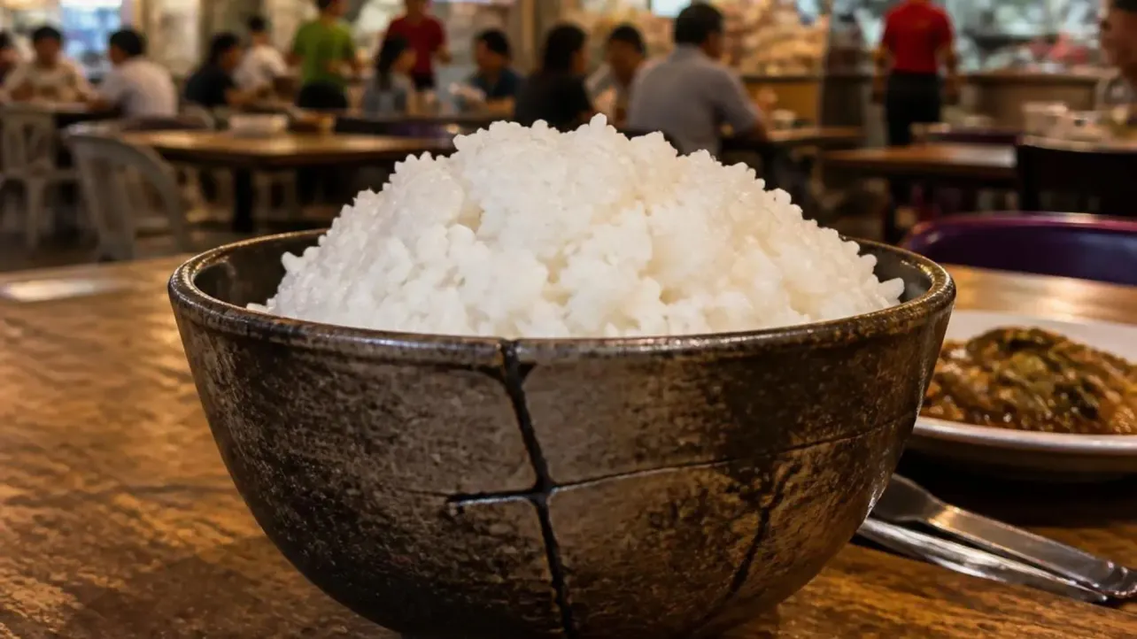 A cracked rice bowl at a hawker centre, symbolising Singapore's fracturing "iron rice bowl" of guaranteed public sector jobs.