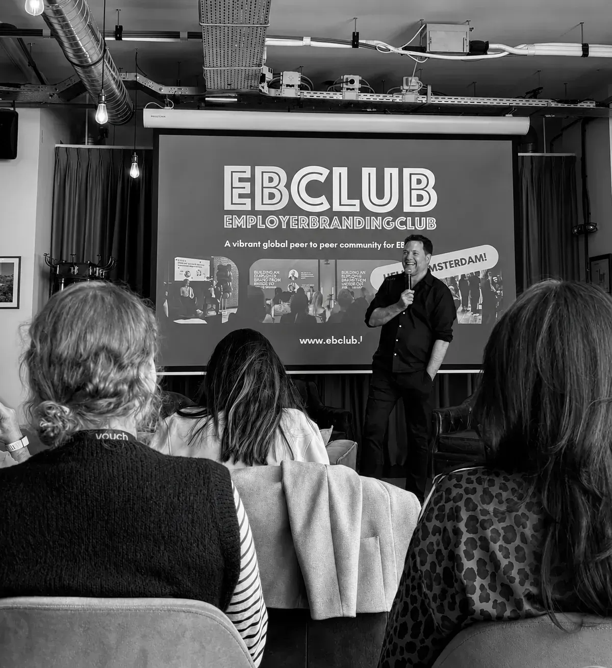 Steve Ward, founder of EBClub, speaks to employer branding practitioners at an Amsterdam event announcing the community’s partnership with Employer Branding News.