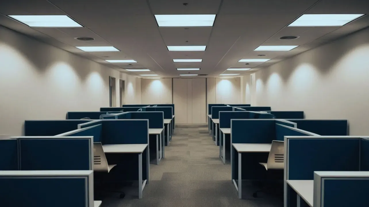 Rows of empty office cubicles under fluorescent light, illustrating this week's Paper Cut on layoffs being blamed on AI that didn't actually cause them.