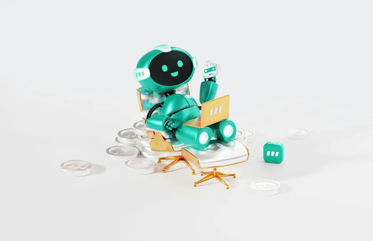Cheerful teal robot with a laptop in an office chair, illustrating AI-generated EVPs built without research