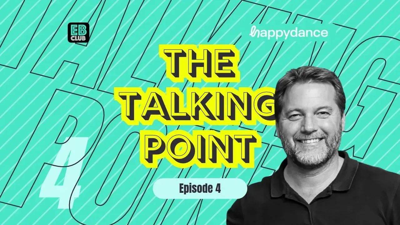 The Talking Point episode 4 title card for EB Club in partnership with Happydance, showing host Steve Ward smiling beside the show logo on a mint green striped background