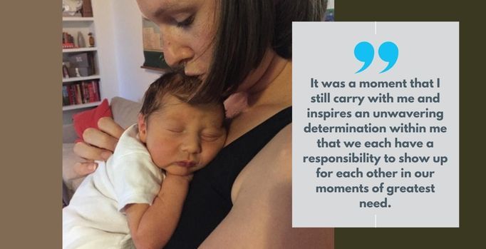 Photo of Mackinnon holding her son Caldwell. Circa 2015.