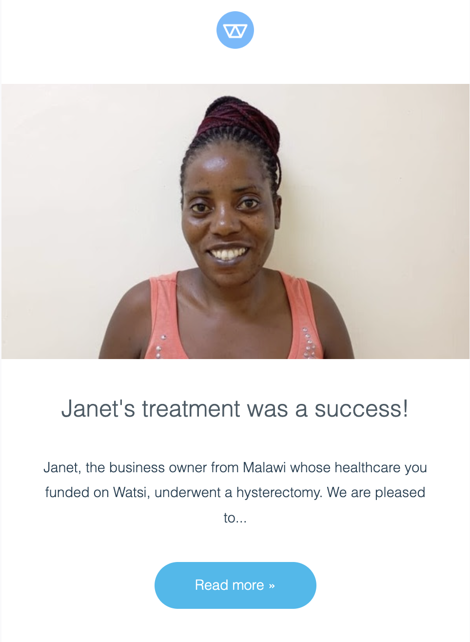A screenshot of an email update sent from Watsi about Janet's succesful surgery